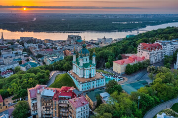 Aerial view of St. Andrew's Church during dawn, one of the most famous sights of the city of Kiev....