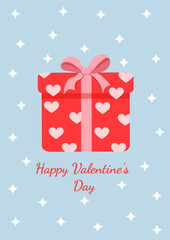 Red gift box surprise with hearts. Present vector illustration for postcard, textile, decor, poster, banner. Greeting card for Valentine's Day and other holidays. The text can be replaced.