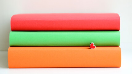 Stack of books and red heart isolated on table, on white background. Three books of different colors.