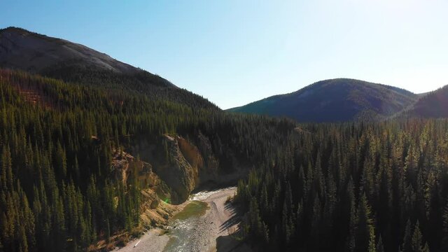 Incredible aerial view of cline river surrounded by an amazing pine forest in Nordegg, Alberta