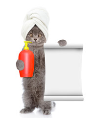 Funny cat with towel on it head holds a bottle of anti flea shampoo and shows empty list. isolated on white background
