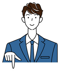 笑顔で下の方向を指差しているスーツ姿の可愛い男性 ビジネスパーソン イラスト ベクター