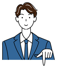笑顔で下の方向を指差しているスーツ姿の可愛い男性 ビジネスパーソン イラスト ベクター