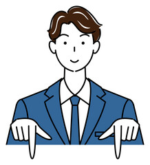 笑顔で下の方向を指差しているスーツ姿の可愛い男性 ビジネスパーソン イラスト ベクター