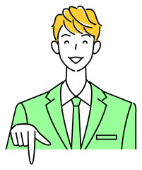 笑顔で下の方向を指差しているスーツ姿の可愛い男性 ビジネスパーソン イラスト ベクター
A cute guy in a suit smiling and pointing in the direction below. Business person illustration vector