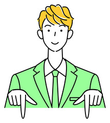 笑顔で下の方向を指差しているスーツ姿の可愛い男性 ビジネスパーソン イラスト ベクター