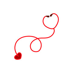 Red medical stethoscope in the shape of a heart. Isolated illustration on white background with medical theme. Vector graphic