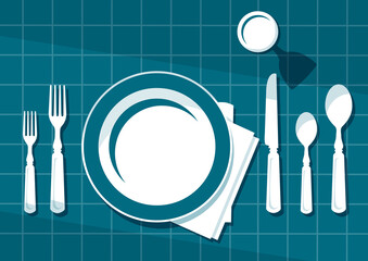 Plate with cutlery and shadows. Spoon, knife and fork Vector illustration
