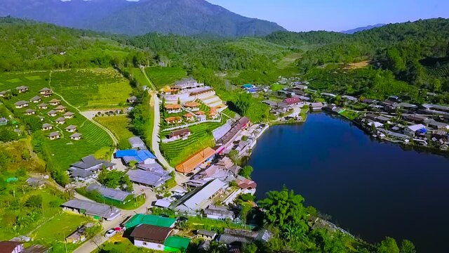 Aerial view of the beautiful scenery of Ban Rak Thai village, a Village of Chinese settlement is the famous tourist attraction in winter at Mae Hong Son province amazing Thailand