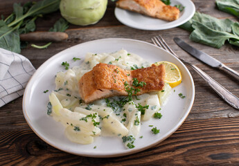 Salmon with vegetable and bechamel sauce
