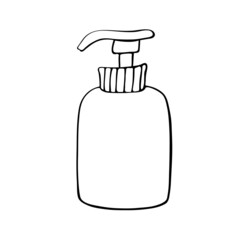 Vector black contour of bottle with dispenser, cosmetic bottle, sanitizer, hand soap in doodle style. Clip art on theme beauty, cleansing, care, protection against germs
