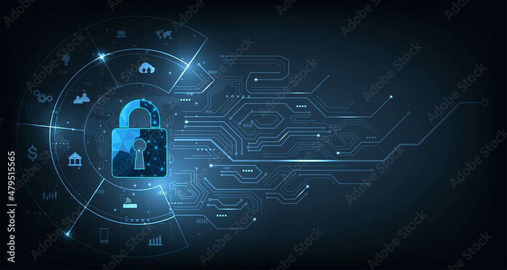 Aufkleber Internet security and Data prevent concept.Security Padlock lock  icon on dark blue background.Technology for online data access defense against hacker and virus.Technology security concept. 