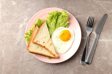 Concept of tasty breakfast on gray textured background