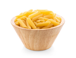 Pile of raw Macaroni (Gomiti Pasta) in wood bowl Isolated on white