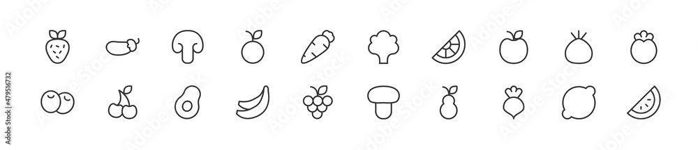 Wall mural set of simple fruits and vegetables line icons.