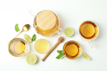 Concept of hot drink with buckwheat tea on white background