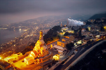 Fototapeta premium Harissa overlooking Beirut, Lebanon at night taken in October 20