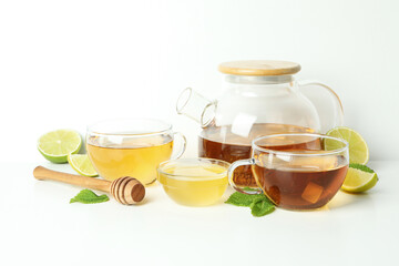 Concept of hot drink with buckwheat tea on white background