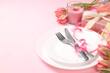 Eight march concept on pink background, space for text