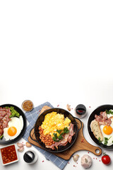 Concept of tasty breakfast on white background