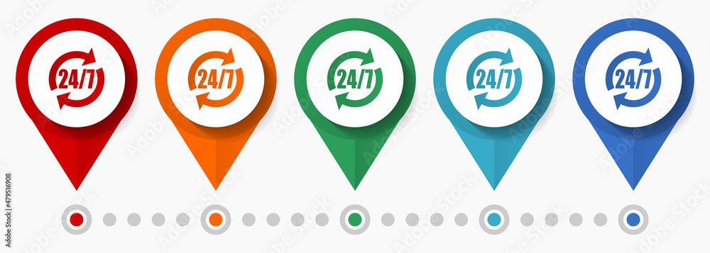 Fototapete 24 for 7 service concept vector icon set, flat design pointers, infographic template