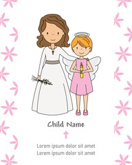 My first communion card. Girl and angel. Isolated vector