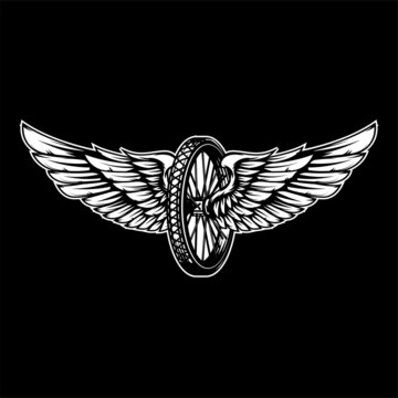 Winged wheel in monochrome style. Design element for logo, label, sign, emblem. Vector illustration