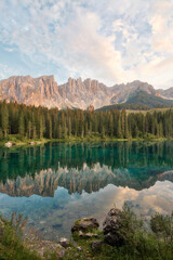 Fototapeta na wymiar Lake Carezza in the Dolomites, Italy during Sunset