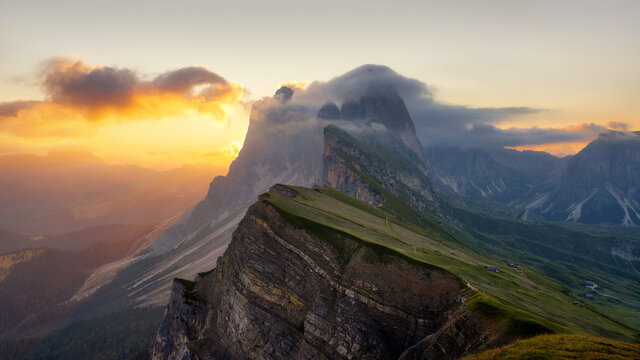 Seceda in the Dolomites, Italy during sunrise