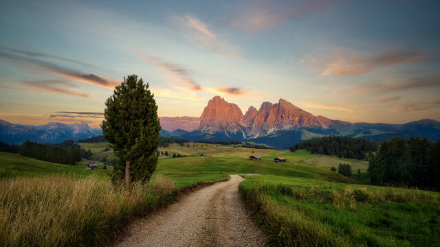 Alpe di Siusi (Seiser Alm) in the Dolomites in Italy during Sunset