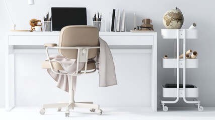 3D interior render of beautiful workspace at home. Modern design desk and chair with computer laptop, lamp, books and a cup of coffee on top with morning sunlight through window on white wall. 