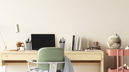 3D interior render of beautiful workspace at home. Modern design desk and chair with computer laptop, lamp, books and a cup of coffee on top with morning sunlight through window on beige wall. 