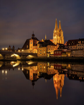 Regensburg Cathedral at Night in Bavaria, Germany