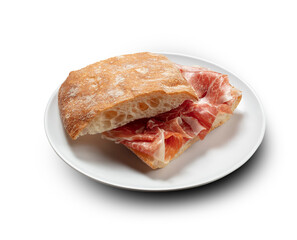 Baguette de jamón ibérico sobre fondo blanco. Iberian ham baguette on white background