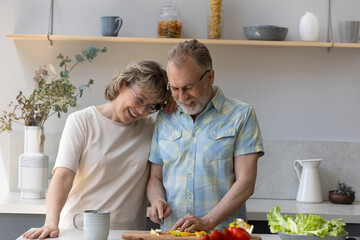 Happy mature older woman cuddling smiling elderly husband, chopping fresh vegetables for salad in...