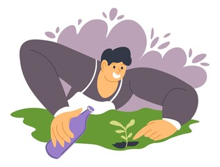 Man gardening caring for plants growth vector