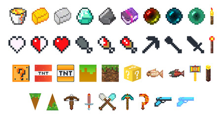 Obraz na płótnie Canvas Set of pixel objects and elements. Eight-bit weapons, gems and metals, location elements, food. Vector illustration 