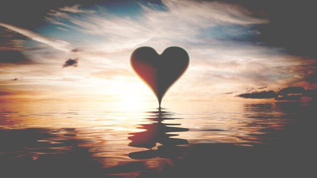 Heart reflection in water at sunset. Valentines day