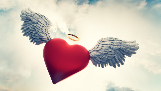 Heart with angel wings and gold ring flying in clouds