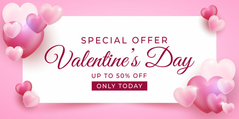 Realistic banner happy valentine's day sale with white square design