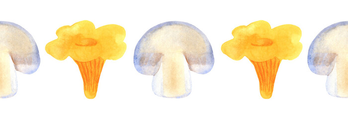 Watercolor linear pattern of mushrooms champignons and chanterelles  on a white background