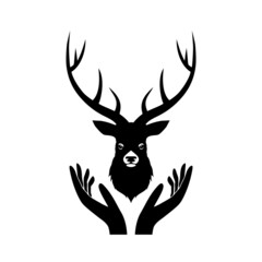 Deer head logo with hand concept isolated on white background