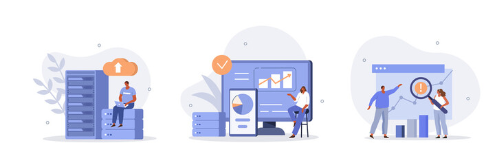 
Big Data and Cloud Computing illustration set. Business characters using remote servers to analyzing large sets of data and recognizing mistakes. Actionable data concept. Vector illustration.
