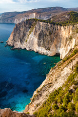Zakynthos in Greece, Keri cliffs and Ionian sea at sunset