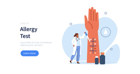 
Doctor allergist or immunologist doing allergy skin test in laboratory. Person with allergy concept. Vector illustration. - obrazy, fototapety, plakaty