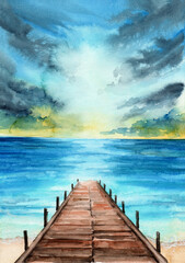 Watercolor illustration of a blue and yellow sunset sky over a blue sea with a wooden pier on the foreground