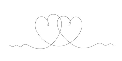 Vector illustration of two hearts in one line. Romantic composition for Valentines Day. Continuous line drawing. Use for web design, greeting cards, advertising, textiles