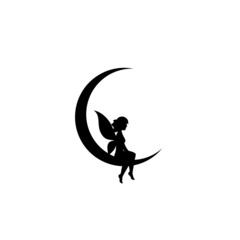 Black half moon and fairy. Magic, fantasy. Isolated on white. Flat design. Vector illustration. Children reading.