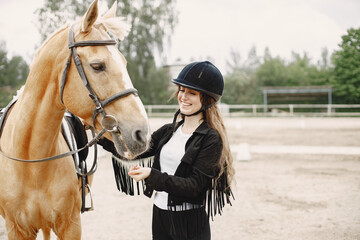 Obraz premium Portrait of riding horse with woman in black helmet
