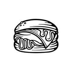 Burger. Hamburger hand drawing graphic. Burger with sesame, lettuce, tomato, cheese and beef patty. Fast food. Part of set.